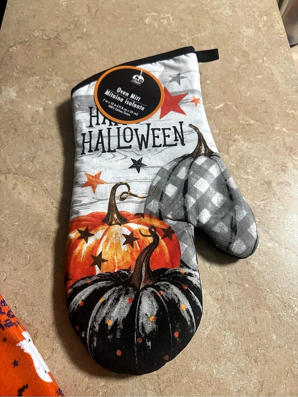 Oven Mitt Melamine Italia Halloween Kitchen Linens Orange & Gray Like